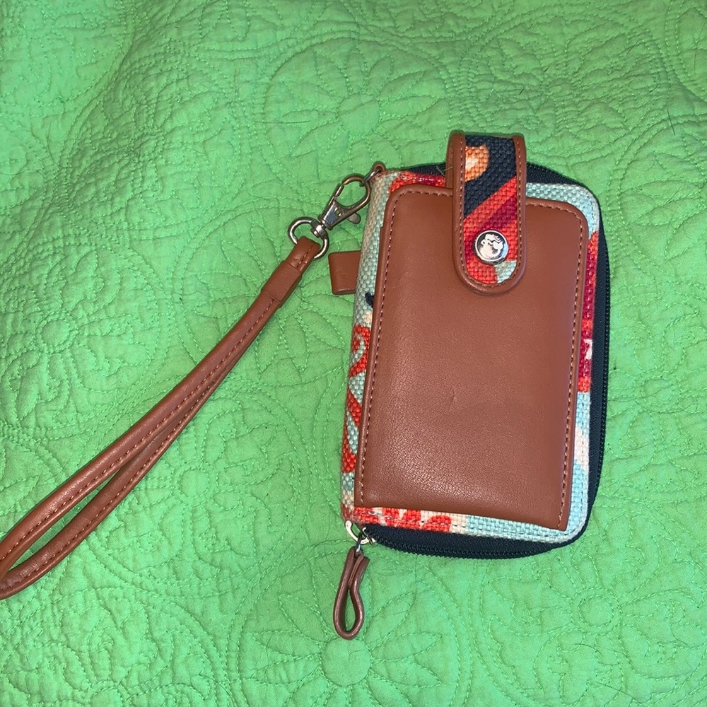 Spartina 449 Brown Leather Wristlet Wallet with Multicolor Floral Trim